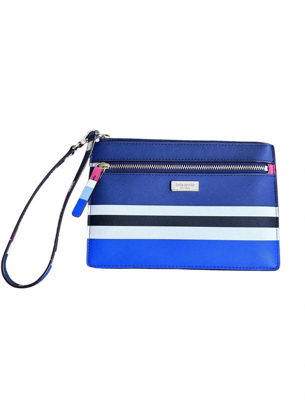 Kate Spade Laurel Way Tinie Wristlet Blue Stripe Saffiano Leather NWOT